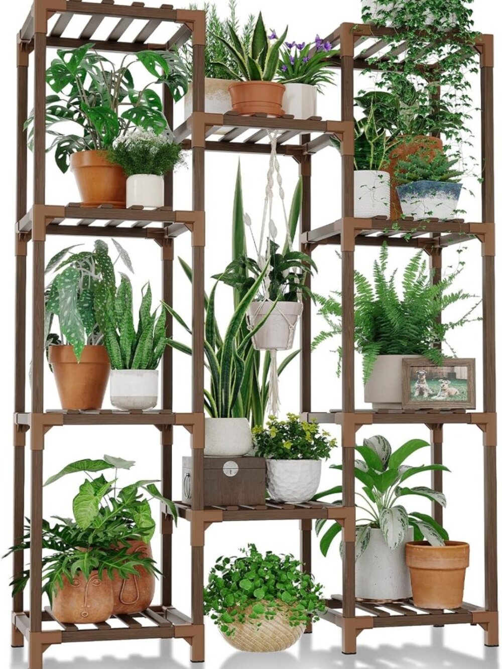 Tall Wooden Plant Stand for Indoor/Outdoor Use - Multi-Pot Flower Shelf, Brown